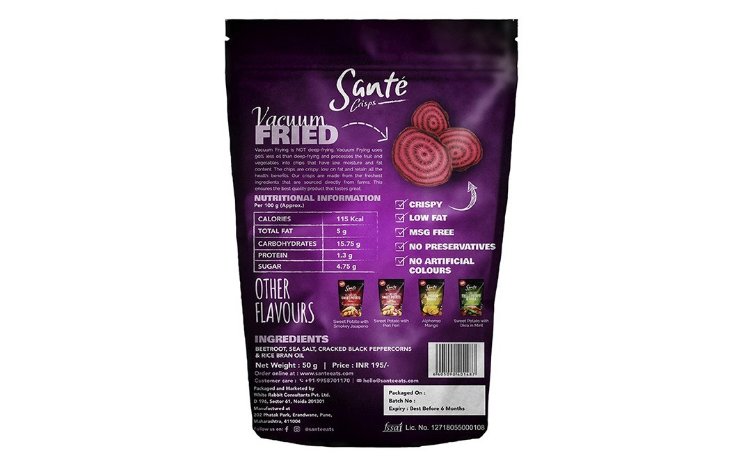 Sante Crisps Vegetable Chips, Beetroot Sea Salt & Cracked Pepper   Pack  50 grams